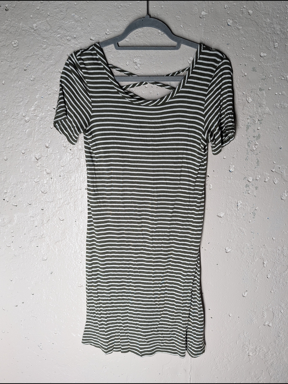 Olivia Rae Olive Green & White Striped Short-Sleeve Tunic with Crisscross Back
